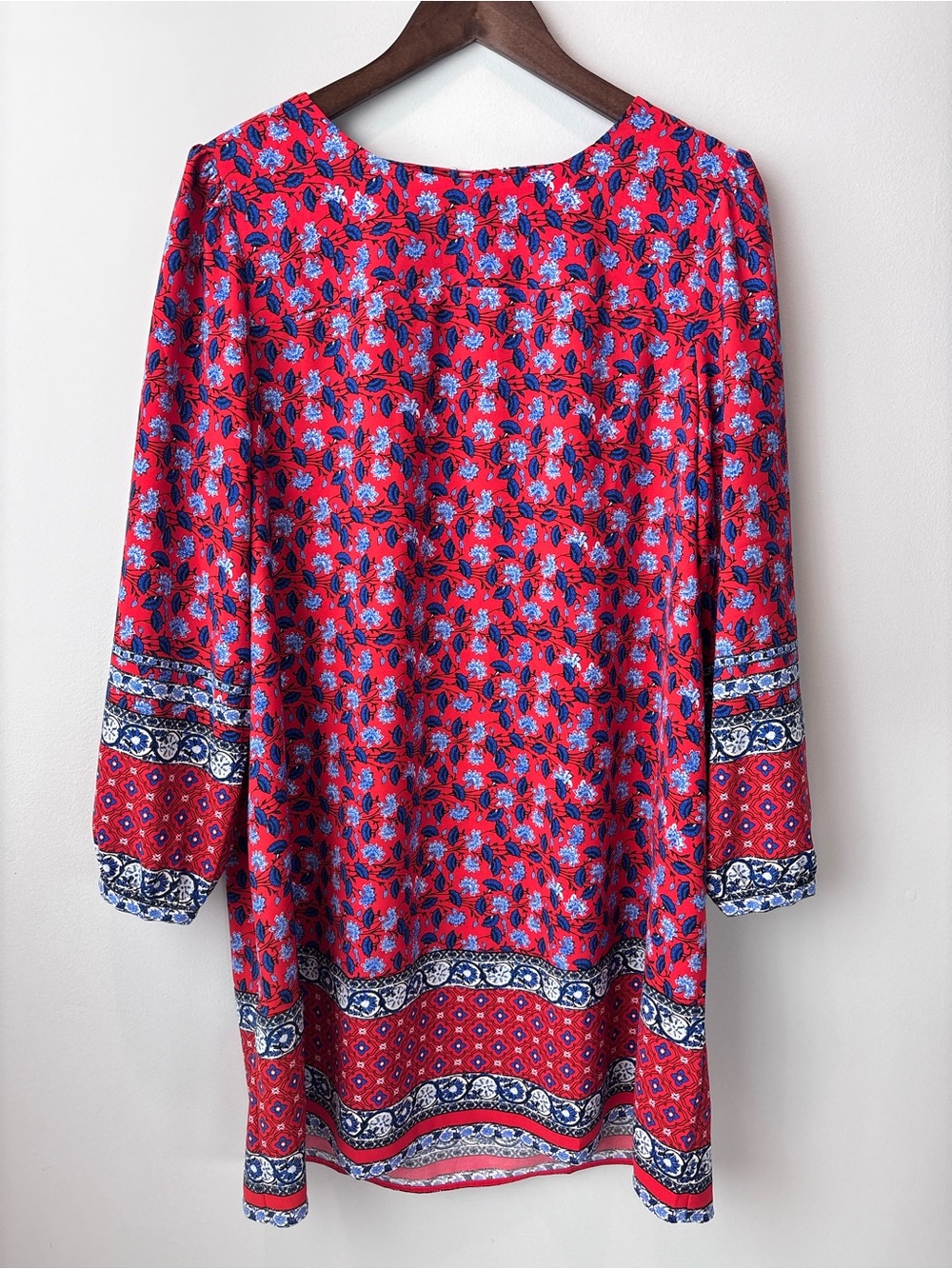 LOFT Red Floral Border-Print Long Sleeve Dress
